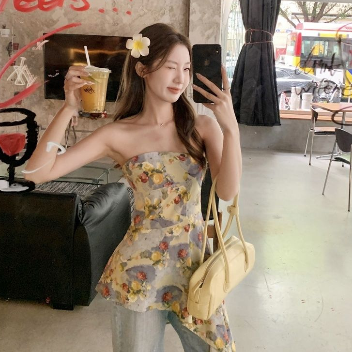 Summer fresh and sweet youthful floral print strapless camisole top for women with unique and distinctive irregular hem and fitted waist.