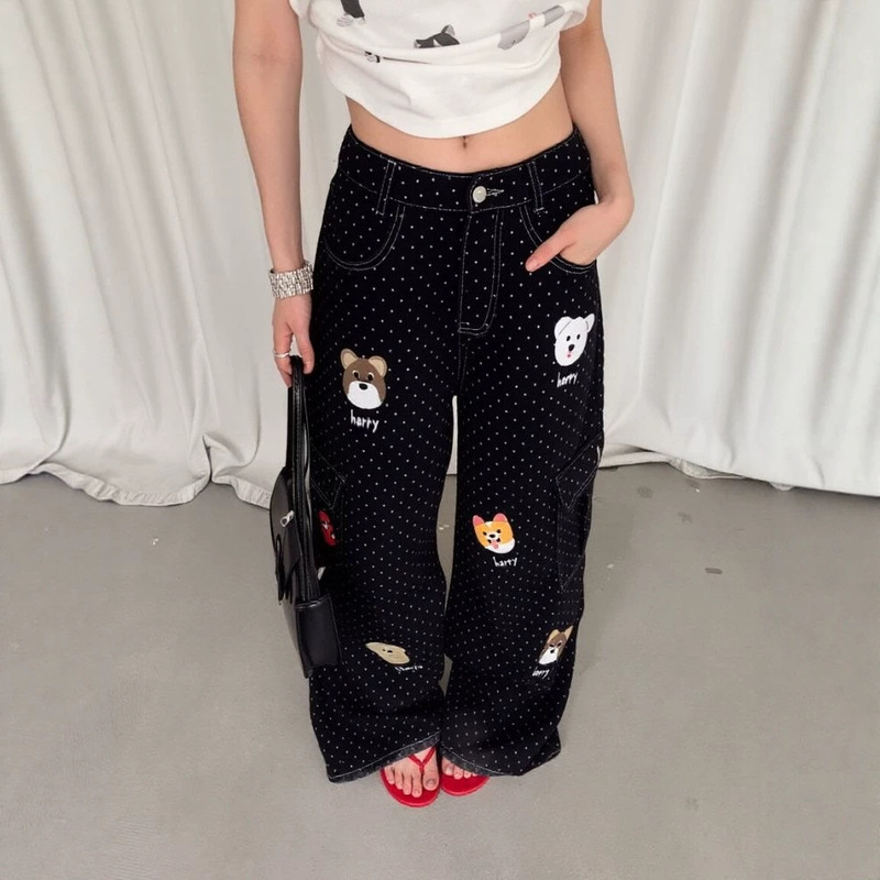 Summer 2026 new style spray-painted puppy workwear design polka dot denim pants for women, cute printed wide-leg long pants, trendy