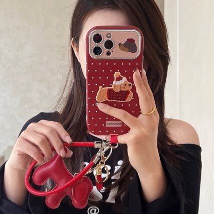 Burgundy Embroidered Dachshund Suitable for Iphone16Pro Apple 15 Mobile Phone Case 11 Cute 12Pro Niche 13