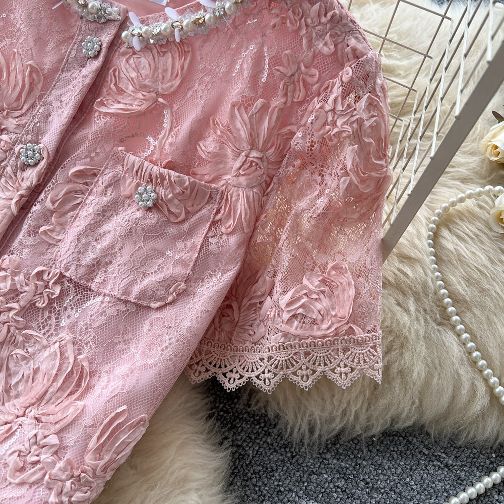 French Style Lace Patchwork Top And Skirt Set for Women Sexy Slimming Temperament Two-Piece Summer Outfit_ecoleips.com