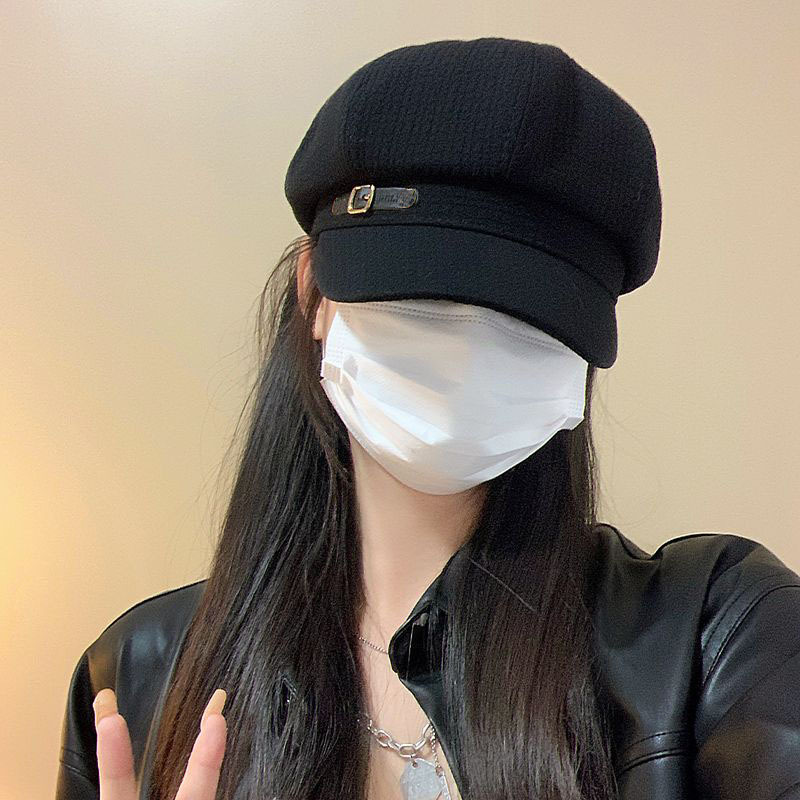 New Autumn And Winter Octagonal Hat For Children, British Waffle Grid Octagonal Hat For Women, Metal Belt Buckle, Fashionable And Versatile Painter_voghion.com