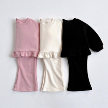 女童韩版简约时尚秋冬新款套装女孩纯色花边卫衣喇叭裤休闲两件套