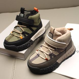 Children's fleece-lined high-top sneaker 2024 warm winter new two cotton casual shoes cotton shoes children's winter shoes wear-resistant