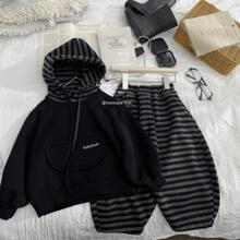 童马女童男童套装2025连帽新款儿童春秋韩版卫衣条纹两件套潮
