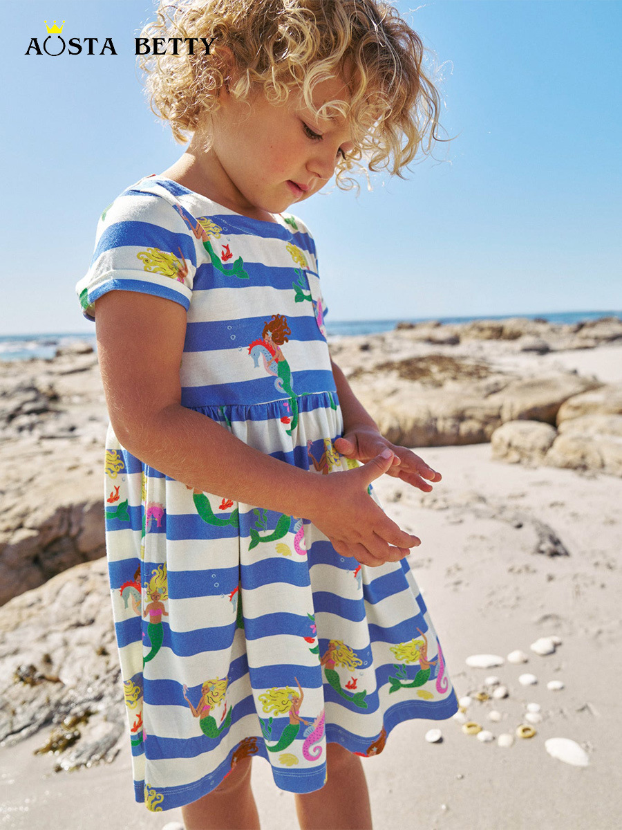 Verano nuevo vestido de niñas estilo europeo y americano estriado vestido de princesa de algodón de punto de cuello redondo vestido de manga corta image 1