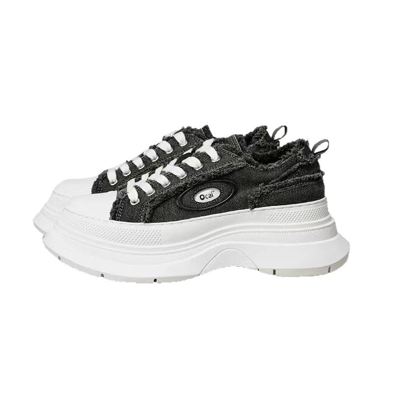 Women's Grey Platform Canvas Shoes Left Bank Retro High End Feel Casual Frayed Edge Boots With Height Increase_voghion.com