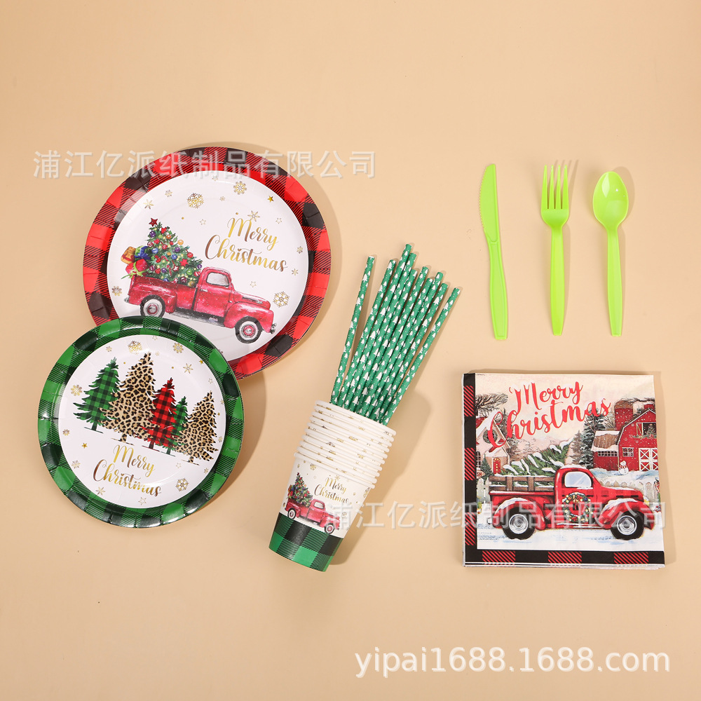 Navidad transfronteriza árbol de Navidad rojo verde celosía coche de Navidad juego de vajilla desechable bandeja de papel decoración de fiesta