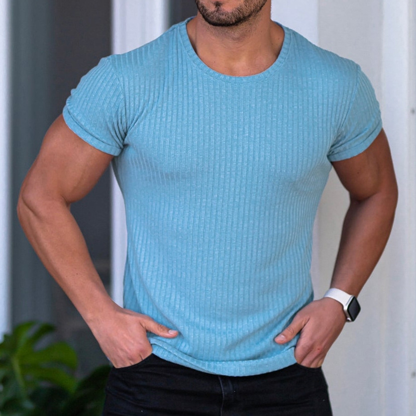 Nuevo comercio exterior transfronterizo de Europa y América nuevo hombre de manga corta de verano deportivo acondicionamiento físico ocio cuello redondo elástico camiseta vertical