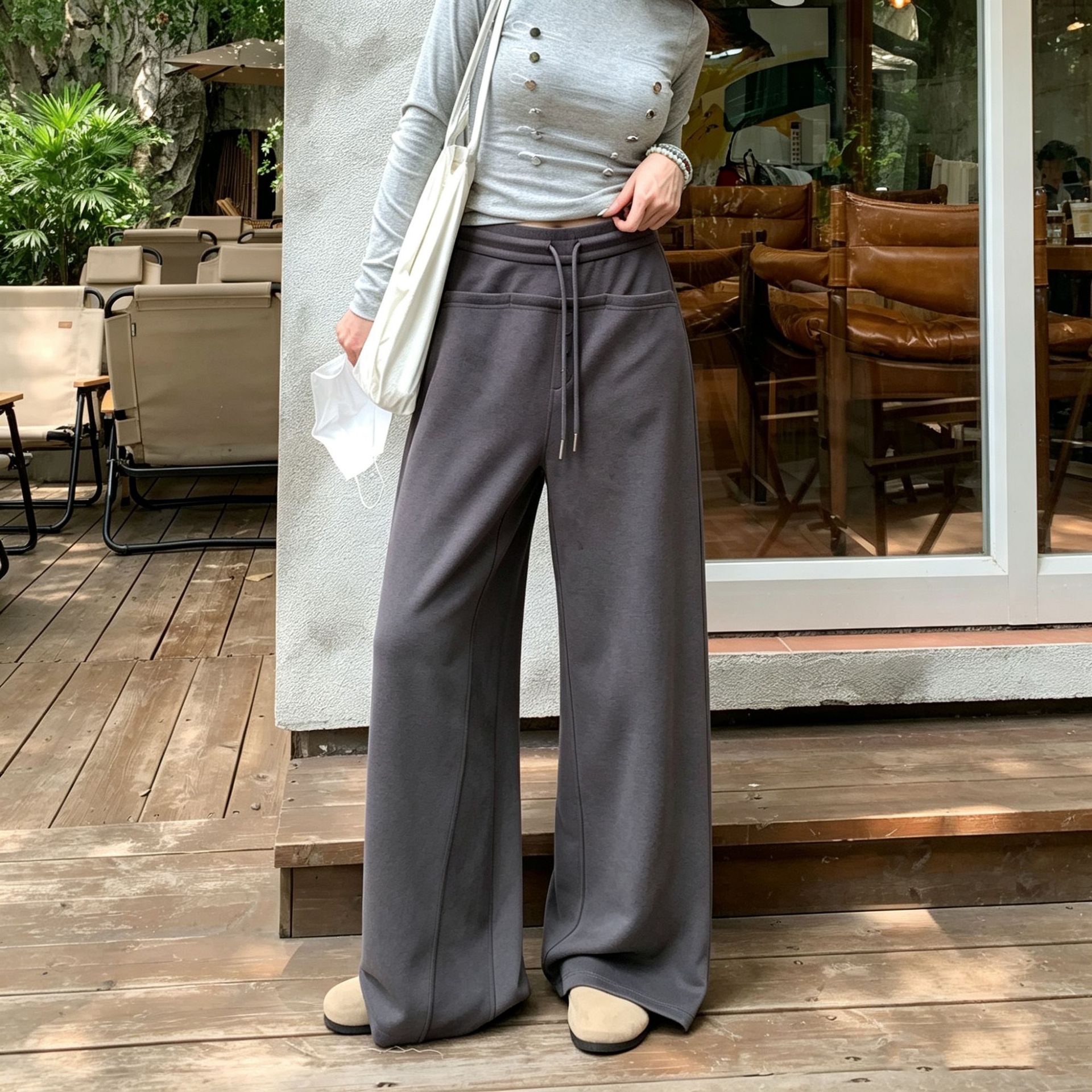 灰色阔腿裤女2026新款早秋慵懒风高腰显瘦休闲卫裤宽松垂感运动裤