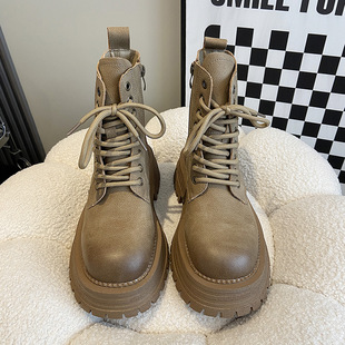 2024 New Autum Genuine Cowhide Thick-Soled Lace-Up Motorcycle Boots for Women British Style Retro Workwear Short Boots