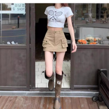 2023夏季辣妹防走光牛仔卡其色工装裙显瘦美式半身裙高腰A字短裙