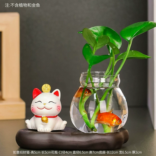 Ruyi Lucky Cat + Ceramic Bottom + Glass Bottle