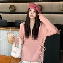 设计感复古不规则V领毛衣女开衫2025秋冬别致系绳长袖针织外穿ins