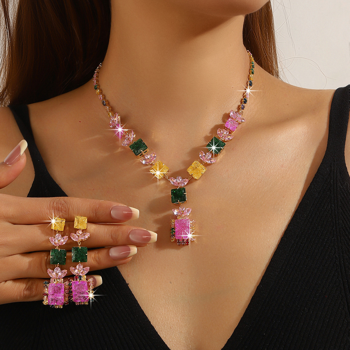 Collar de color de la industria pesada amazona orejas joyas set de moda de lujo vestido de novia cena joyas de zircon mujer image 20