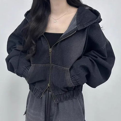 Korean Version Chic Spring and Autumn Hong Kong Style Personality Double Zip Loose Casual Versatile Short-Sleeve Hooded Denim Jacket for Women