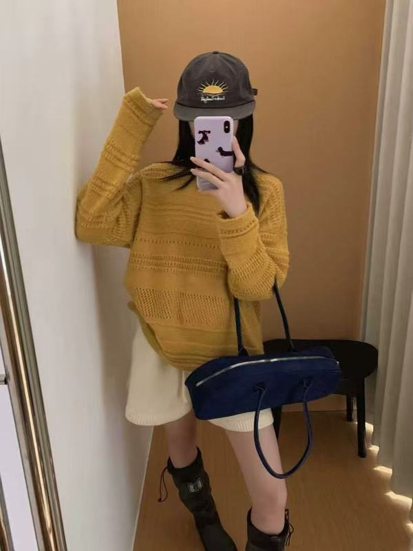 早秋宽松百搭慵懒针织罩衫马海毛设计感镂空提花圆领套头针织衫女|undefined