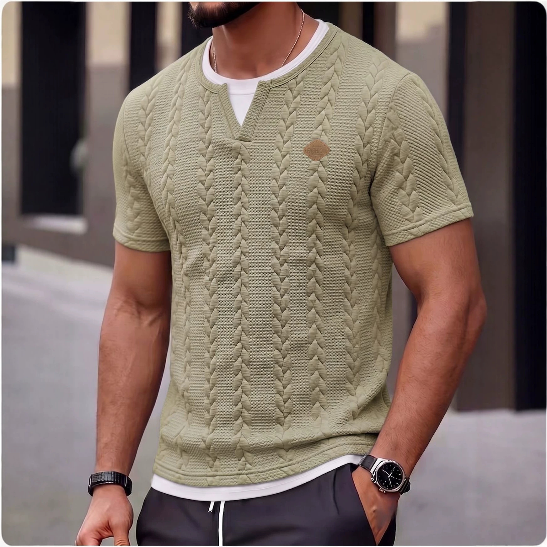 Transfronterizos Europa y América de verano ropa de hombre nueva textura con logotipo de cuero falso dos camisetas de mangas cortas delgadas camisetas casuales
