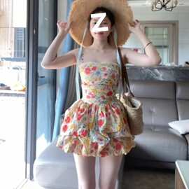 【带防滑条可拆卸肩带】法式绝美碎花公主短裙夏季新款花苞裙连衣