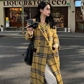 复古黄色格子纹中长款加厚毛呢外套2025新款西装秋冬韩版呢子大衣