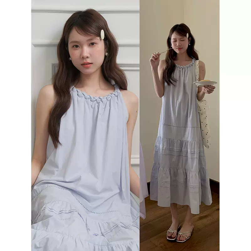 【浪漫菲尔尼】歌铭麻花挂脖连衣裙子女夏季新款宽松吊带裙N032C