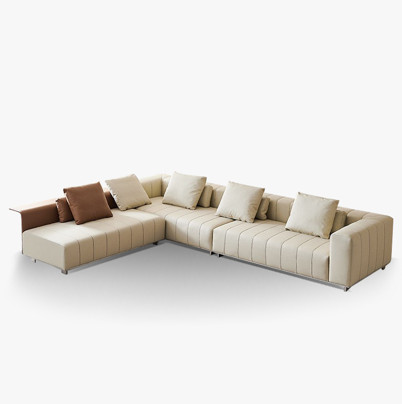 Italian Minimalist Designer Piano-Key Sofa with Down-Filled, Straight-Row Corner Unit&mdash;Leather Combination Living Room Storage Cabinet