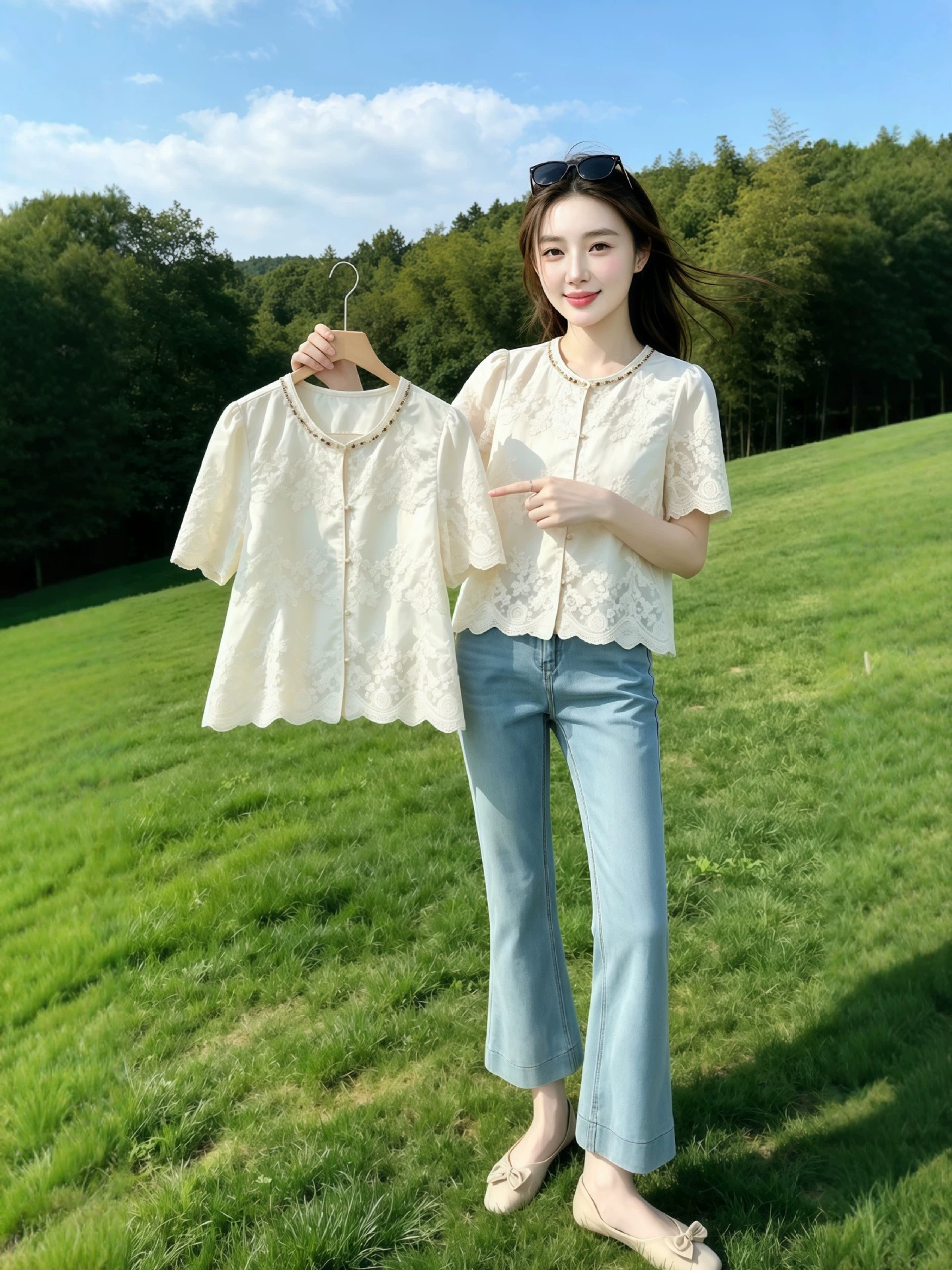 Áo sơ mi nữ tay ngắn ren thêu cao cấp, phối đính cườm, form suông nhẹ — màu trắng ngà