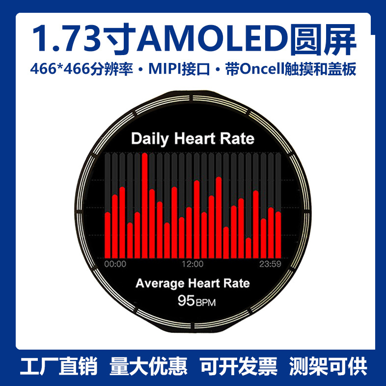 1.73寸466*466圆形手表AMOLED显示屏智能穿戴OLED屏MIPI接口24Pin