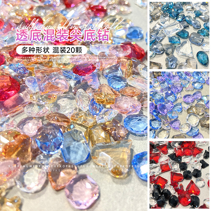 Maillard transparent color pointed bottom Diamond mixed nail jewelry transparent bottom crooked heart fat square long right angle rock candy special-shaped nail drill