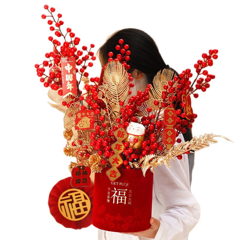 Año Nuevo de terciopelo, decoración roja del Festival de Primavera, flores rojas, flores de Año Nuevo, barril de flores de sauce de plata, barril de abrazo de Año Nuevo.