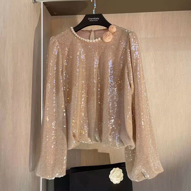 Elegant Socialite Style Heavy Beaded Sequin Floral Shirt, New Autumn/Winter Loose Blouse with Lantern Sleeves