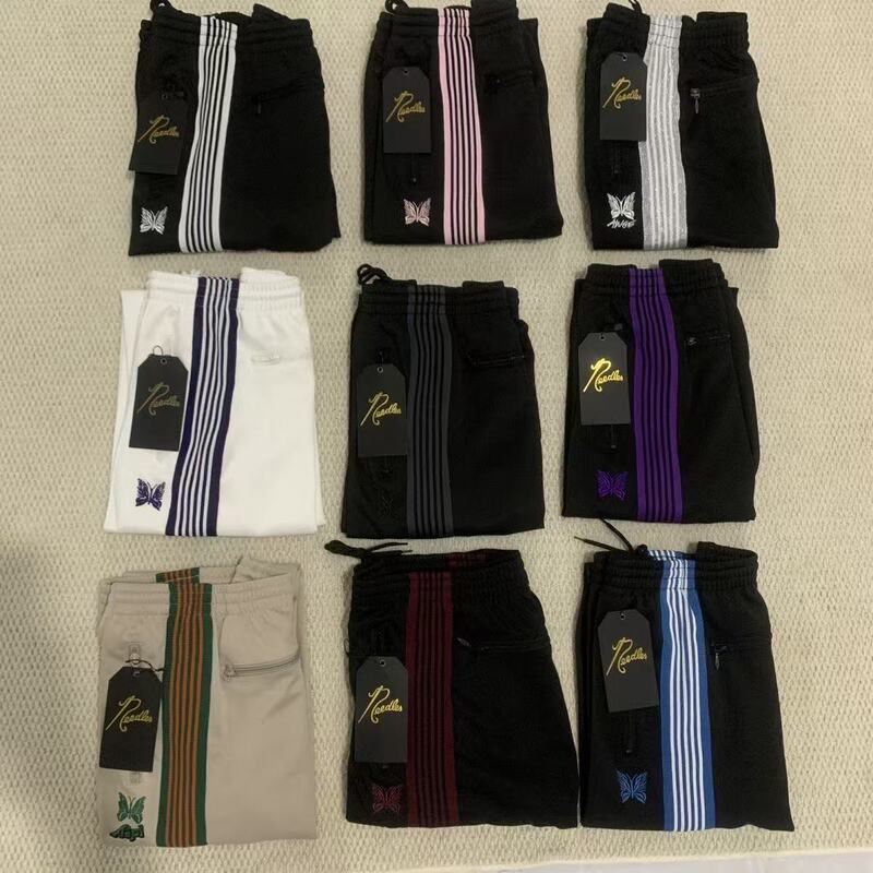 Needles butterfly embroidery striped sports casual pants for men, loose straight-leg trousers, trendy and versatile style