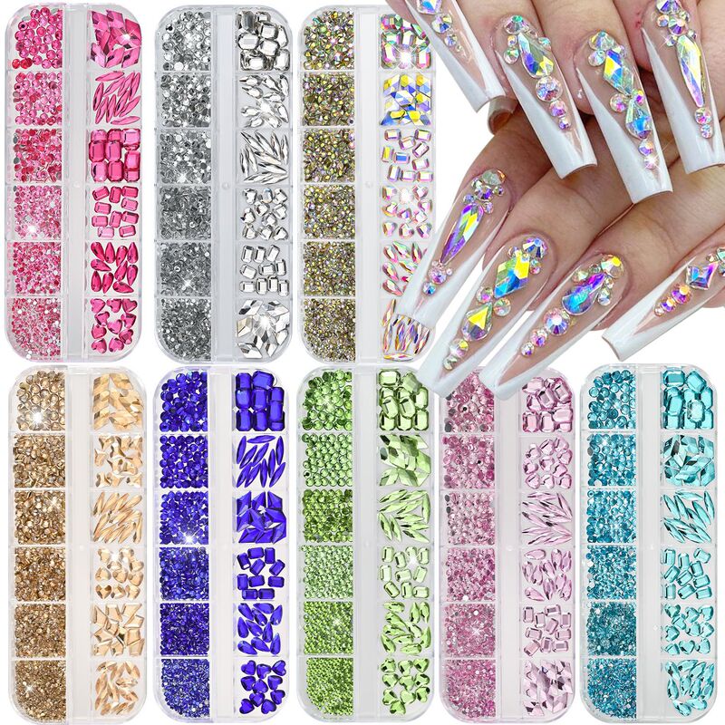 12-Compartment Box of Mixed Color Sparkling Water Drop Heart-Shaped Flat-Back Rhinestones for Nail Art Decorations 12-Compartment Box of Mixed Color Sparkling Water Drop Heart-Shaped Flat-Back Rhinestones for Nail Art Decorations