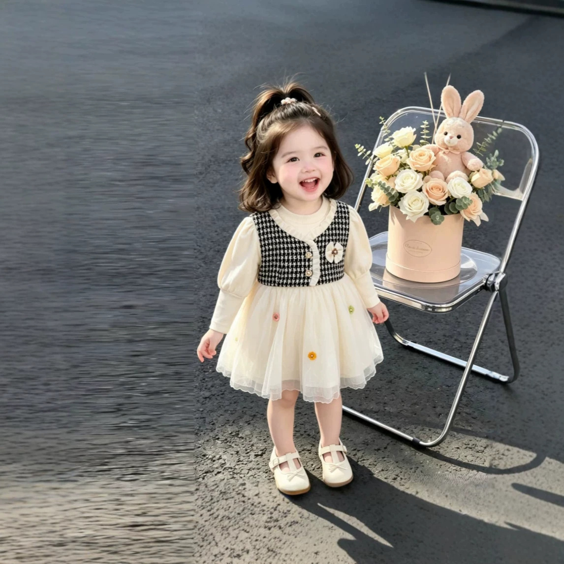 Stylish Mesh Dress for Girls, New Long-Sleeved Baby Set, First Birthday Dress, Princess Dress