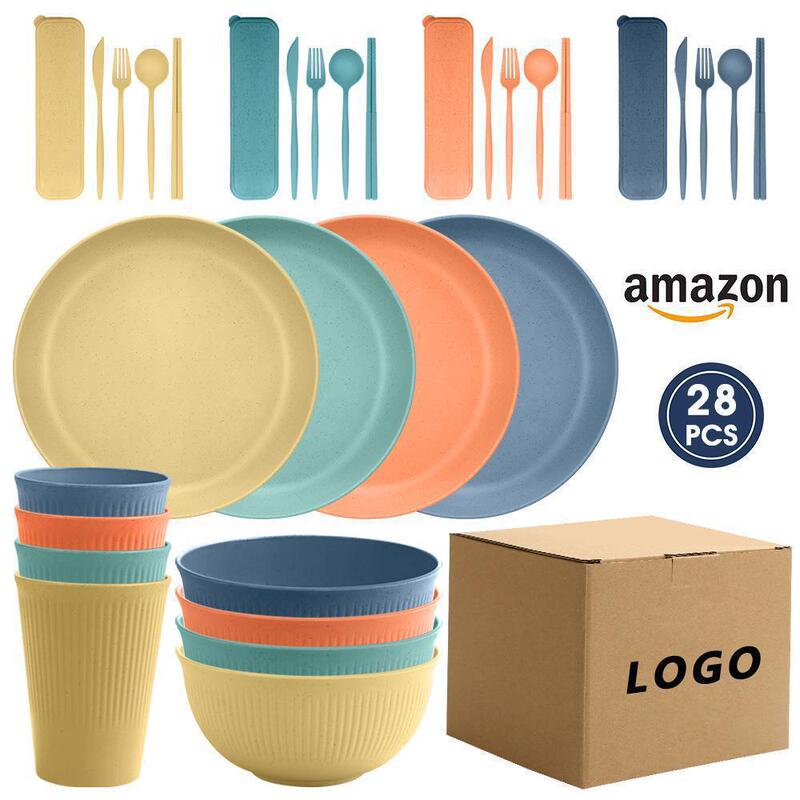 Amazon's Best-Selling Wheat Straw Plate, Bowl, Cup, Knife, Fork, Spoon, Chopsticks 32-Piece Set, Outdoor Dishes, Plates, Tableware Set