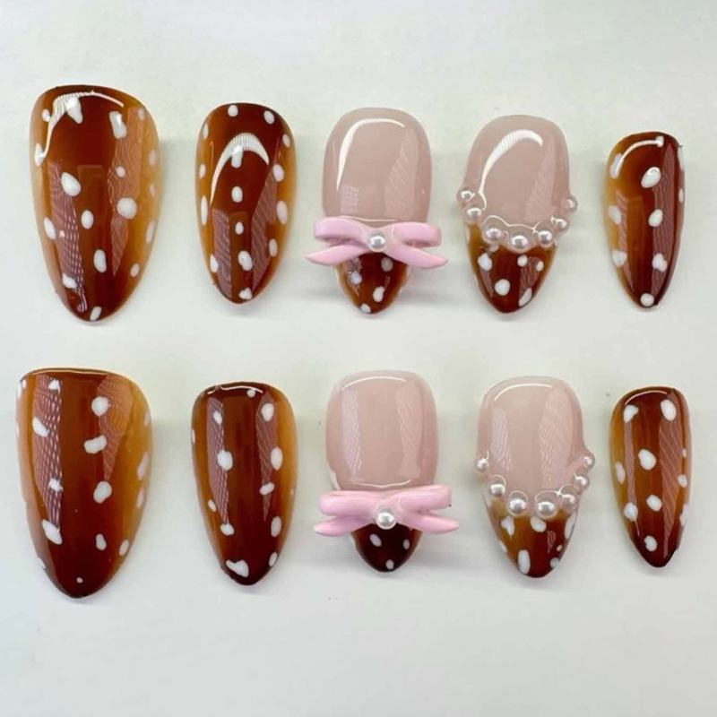 Autumn Brown Manicure Wearable Nails Short Almond Nails White Polka Dot Fake Nails Nail Pieces Wholesale
