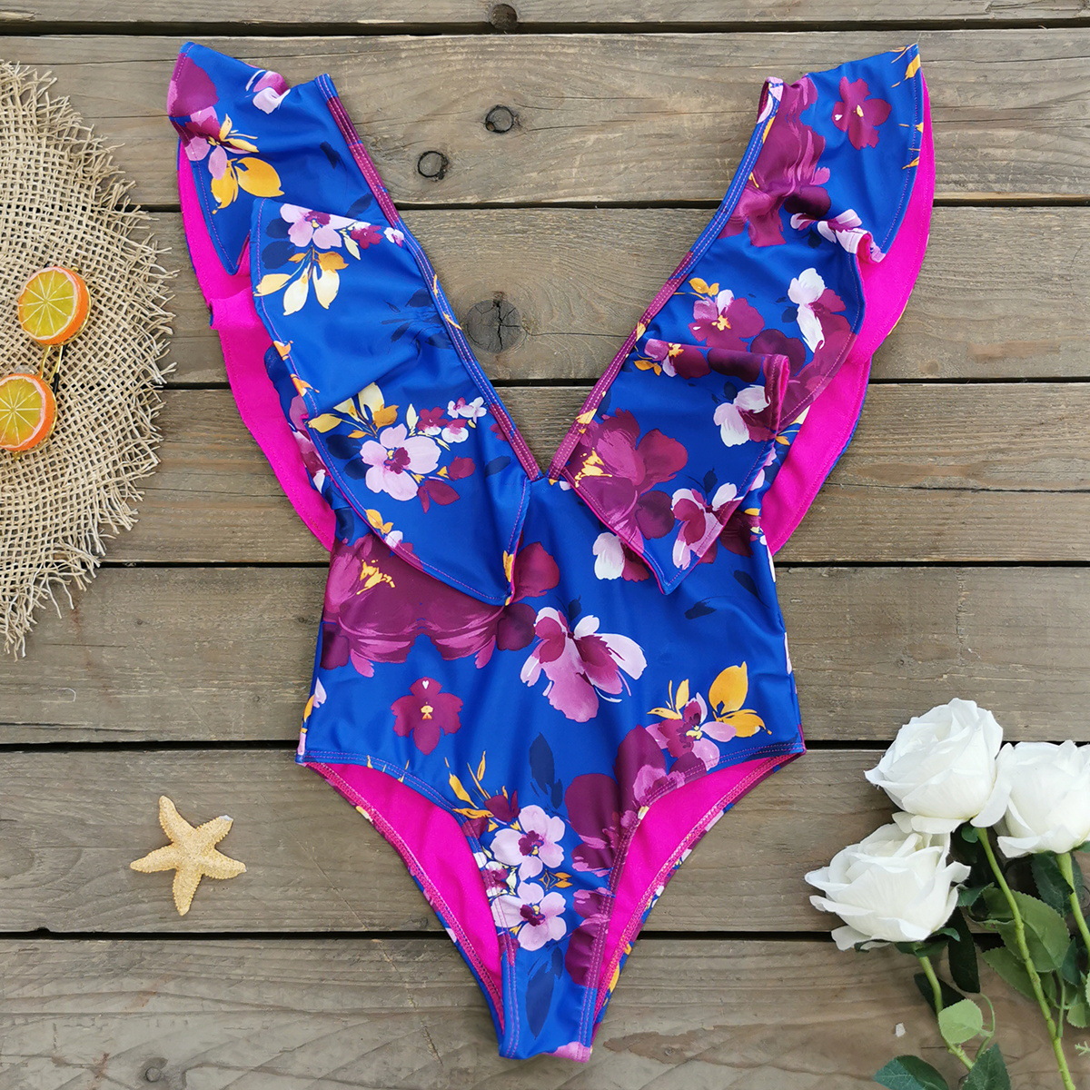 291g Weight Sleeveless Sleeve Length Polyester Fabric Type Short Top Length One-pieces Tops Type 1 Piece Quantity Swimming Occasion V Neck Neckline Slim Fit Type Flower Pattern Women's Gender Vacation Style Women's Vacation Flower 1 Piece One Piece Swimwear 19