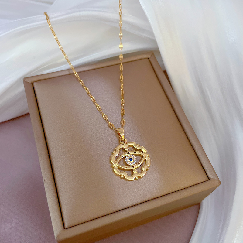 Devil Eye Pendant Necklace With Zircon In Real Gold Plated Chain_voghion.com