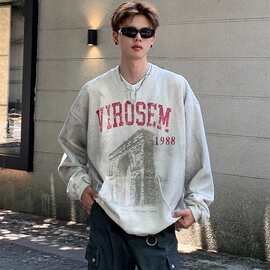 领口假两件做旧印花重磅宽松美式复古休闲百搭长袖秋季男女卫衣