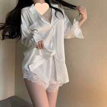 性感蕾丝衬衫新款睡裙仿冰丝长袖男友风睡衣女家居服衬衫薄款套装