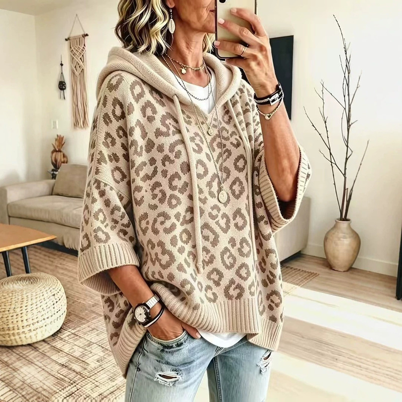 European and American cross-border leopard print hooded drawstring knitted pullover hoodie, loose-fitting knitted outerwear European and American cross-border leopard print hooded drawstring knitted pullover hoodie, loose-fitting knitted outerwear