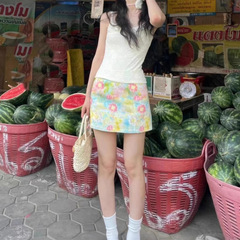 彩色油画半身裙显瘦夏季字高腰百搭别致短款小众碎花裙包短裙其他