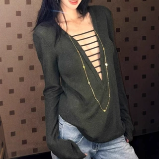 甜酷辣妹毛针织衫女修身显瘦简约百搭秋冬新款绑带镂空设计感上衣