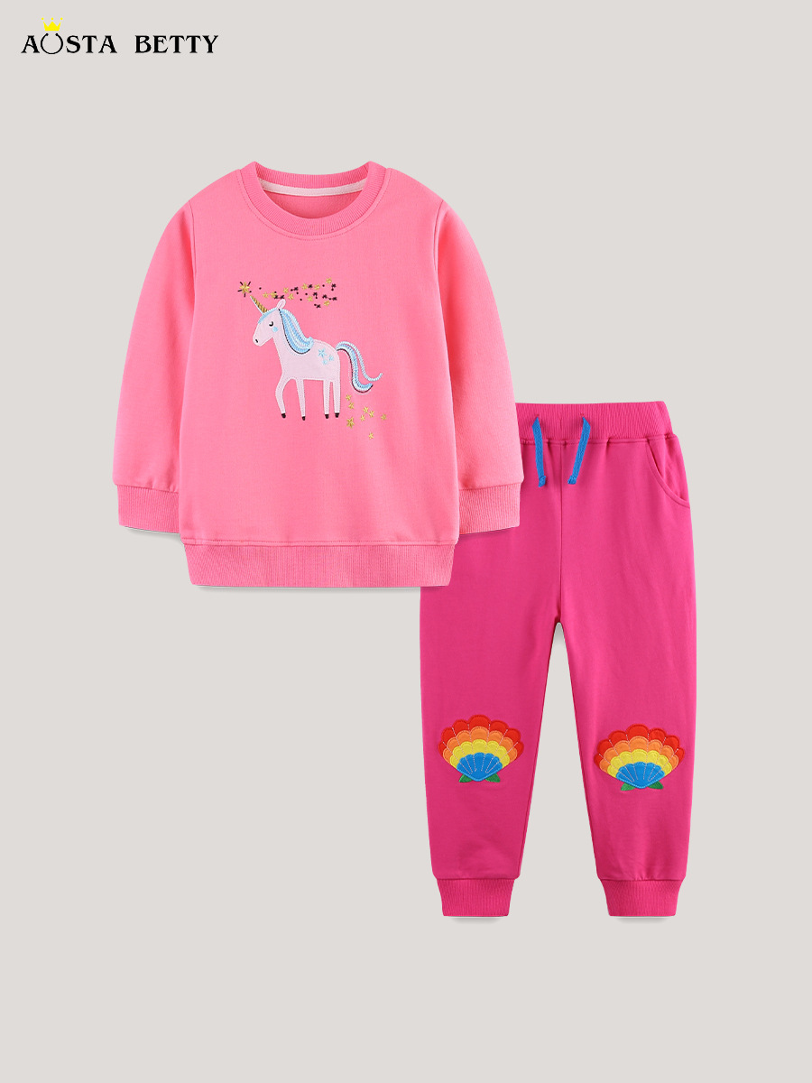 Venta directa de fábrica traje para niñas dibujos animados unicornio bordado parche cuello redondo suéter para niños moda niñas pantalones deportivos