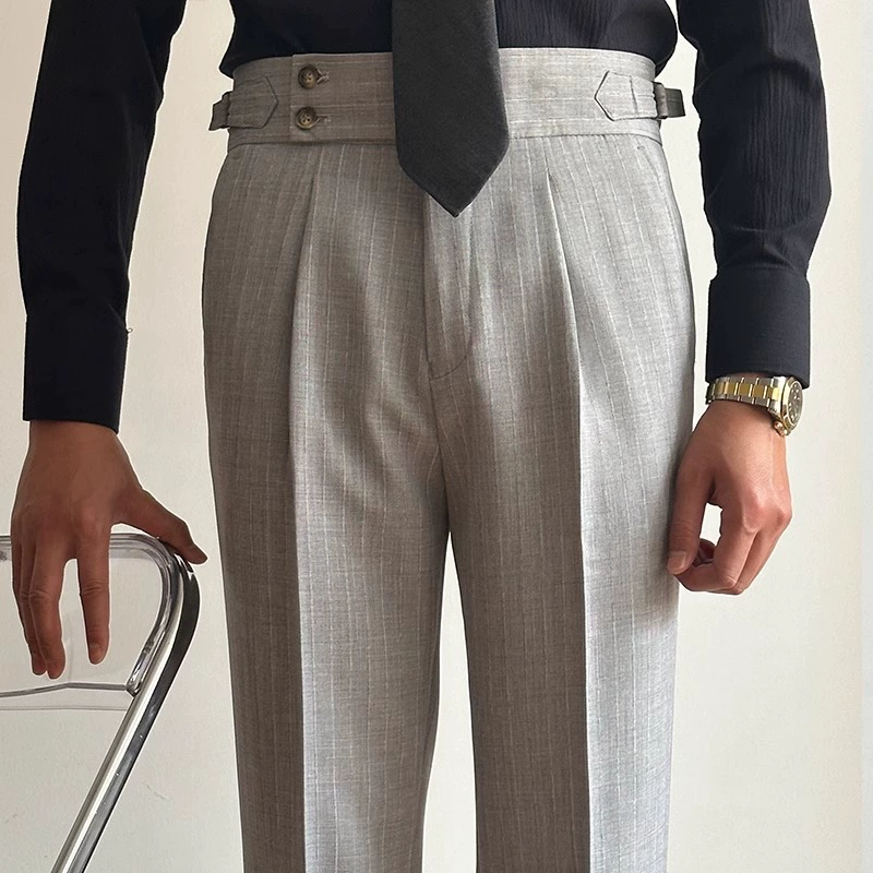Итальянские неаполитанские ретро-полосатые брюки мужская мода с высокой талией тонкое узкое парижское пуговицы Повседневные брюки-костюмы