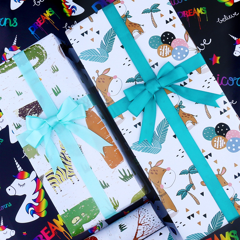 Regalo de animales de dibujos animados papel recubierto de vacaciones impresión regalo papel de regalo de cumpleaños papel de embalaje al por mayor