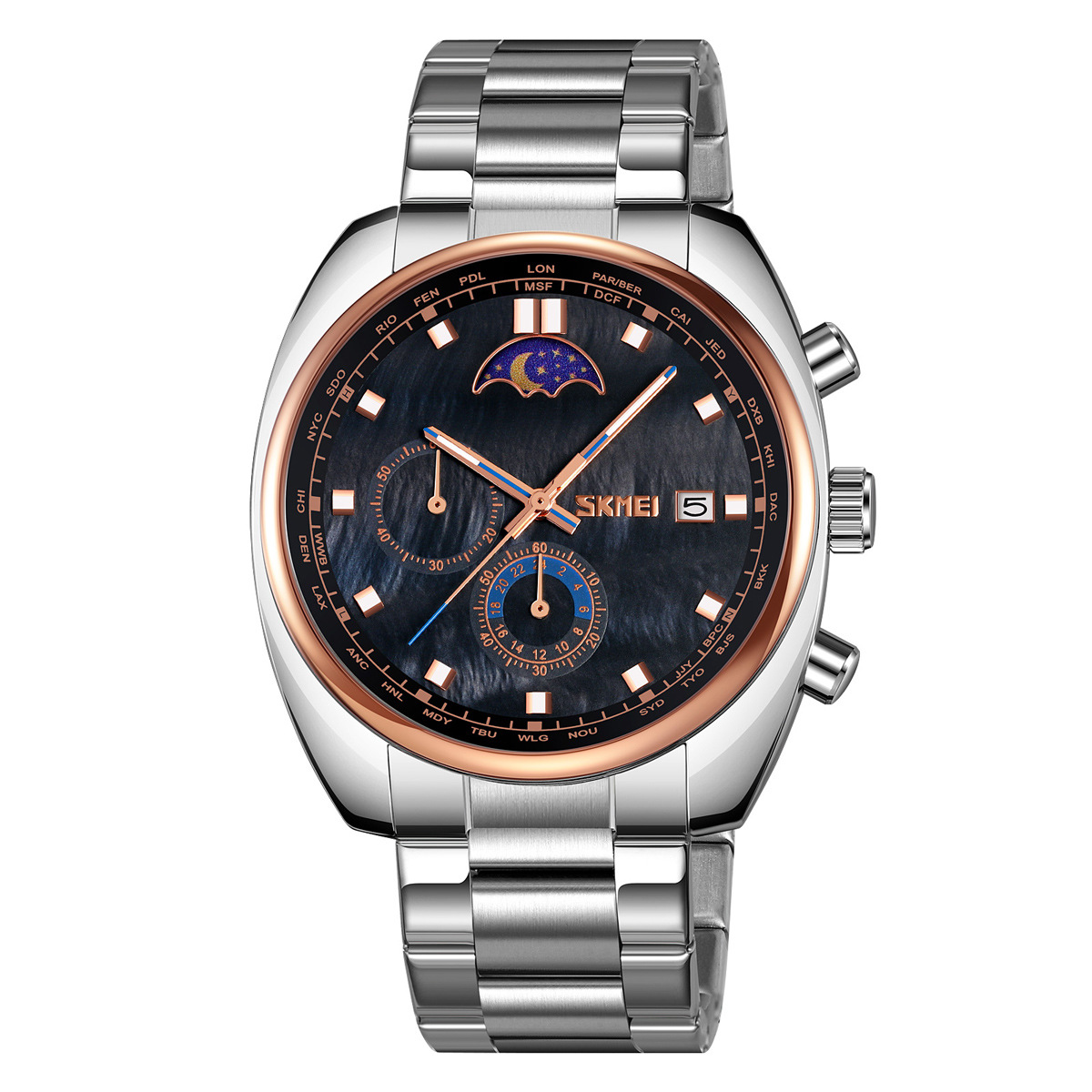 Momento transfronterizo multifuncional reloj de hombre nocturna impermeable reloj de cuarzo fase lunar fuente de fábrica mayorista