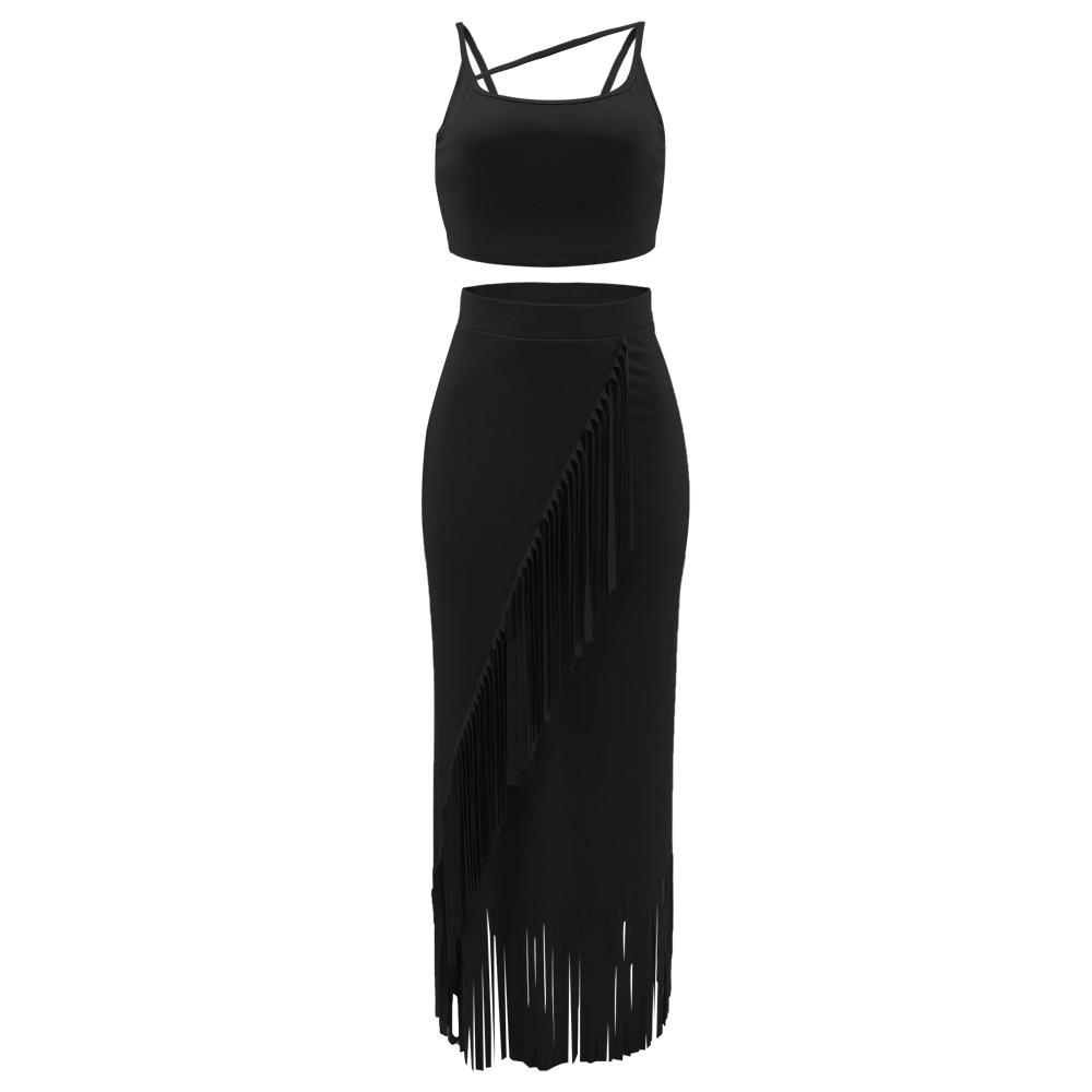 Sleeveless Cropped Short Vest Small Pit High Waist Tassel Dress Two Piece Set 7 Sleeveless Cropped Short Vest Small Pit High Waist Tassel Dress Two Piece Set