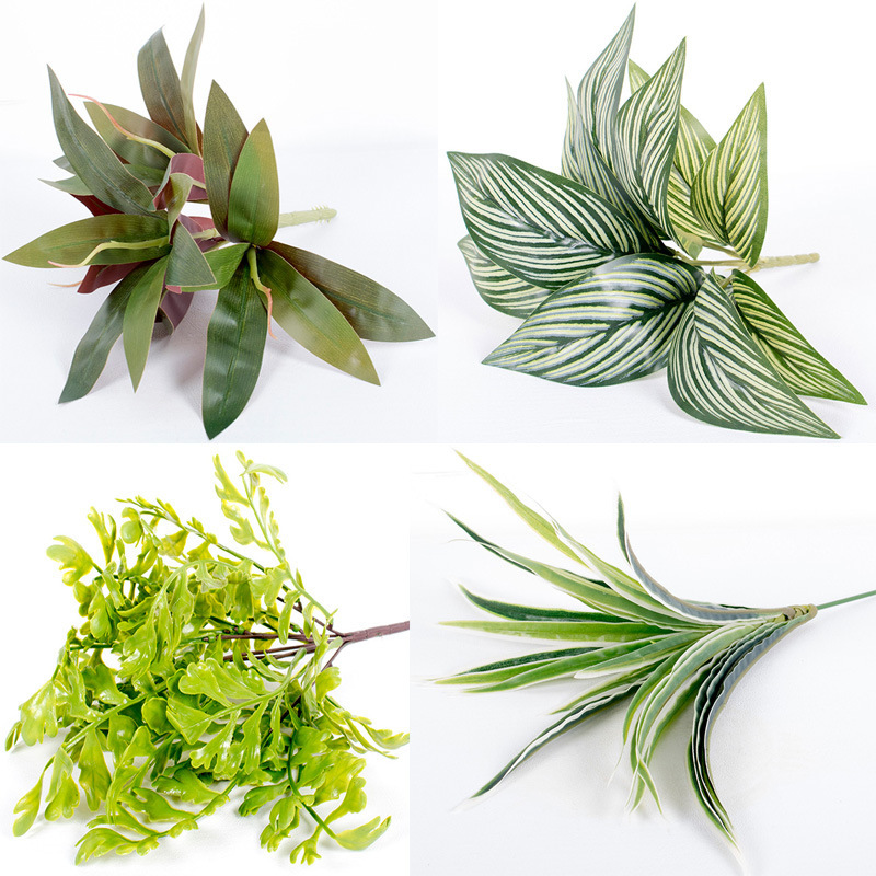 Plantas verdes falsas, decoración de paredes, hojas de plantas de simulación, arreglos florales de pared de fondo, 7 cabezas, lavanda de perilla