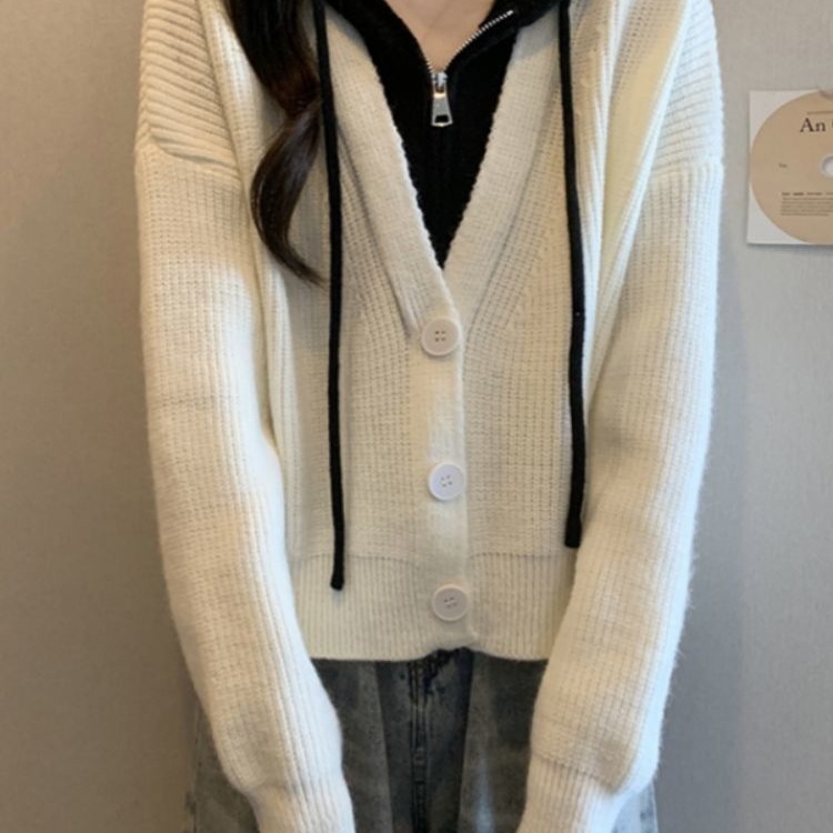 大码假两件短款连帽毛衣外套女秋冬胖mm显瘦遮肚子针织衫开衫上衣|undefined