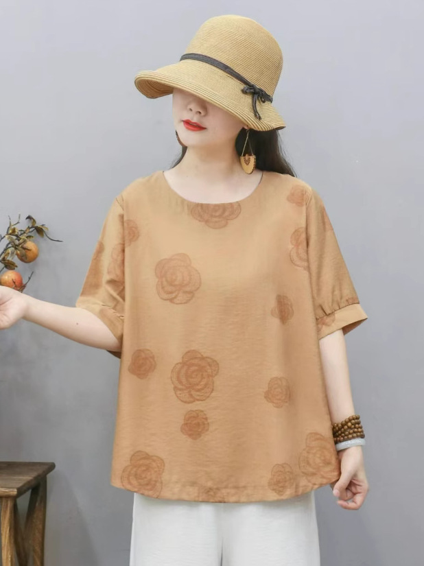 Cross-border nueva camiseta de mujer china impresa camiseta de mujer de manga corta camiseta base de verano overhead cuello redondo artístico ocio image 5